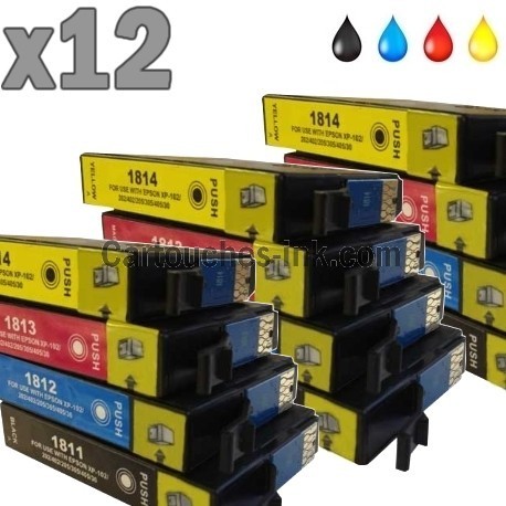 12 cartouches compatibles Epson T1811 à T814, lot T1816 ou 18XL